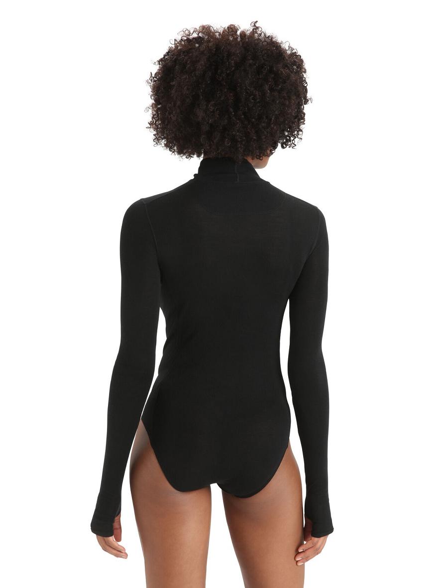 Women's Icebreaker Merino Queens Long Sleeve High Neck Bodysuit Underwear Black | CA 1246KORI